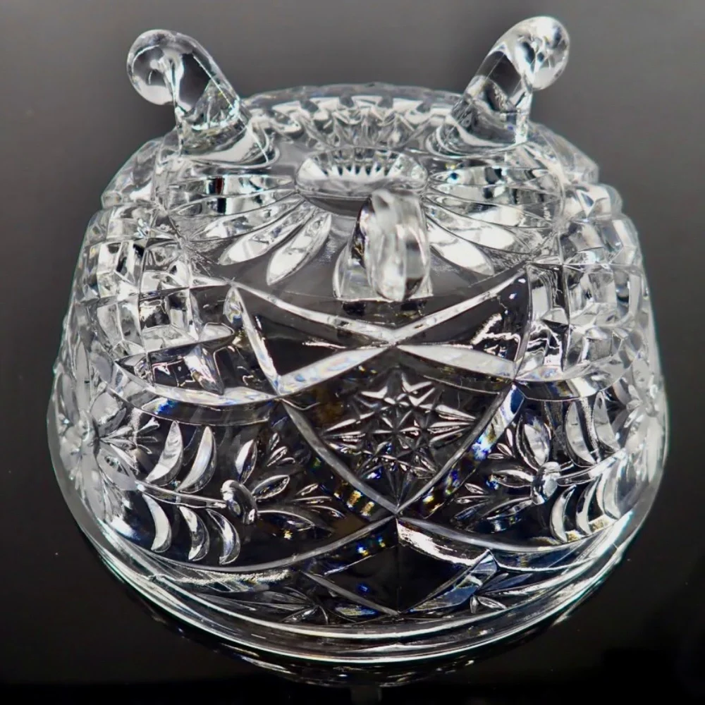 Cut Crystal Lidded Compote Candy Dish Three Footed 2 pc Floral Cut Bowl Vtg 60's